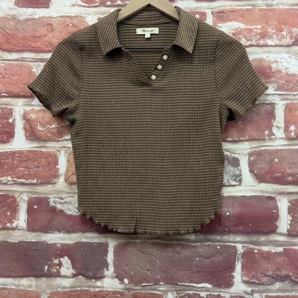Madewell Tops - Madewell Shirt Women's XS Brown Knit Striped Crinkle Accent Button Casual Shirt